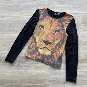 Vintage Y2K Lion Graphic Print Shirt w Glitter Women's Medium Grunge Streetwear